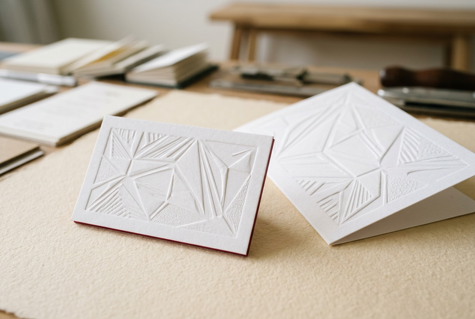 Embossed white cards with a raised geometric pattern
