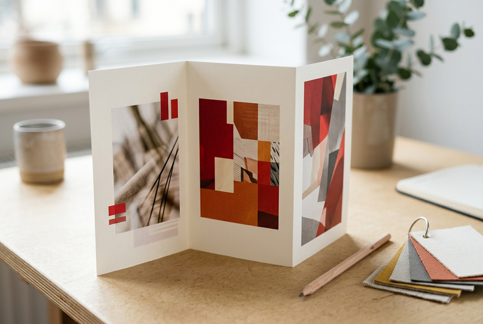 Open tri-fold brochure on a desk