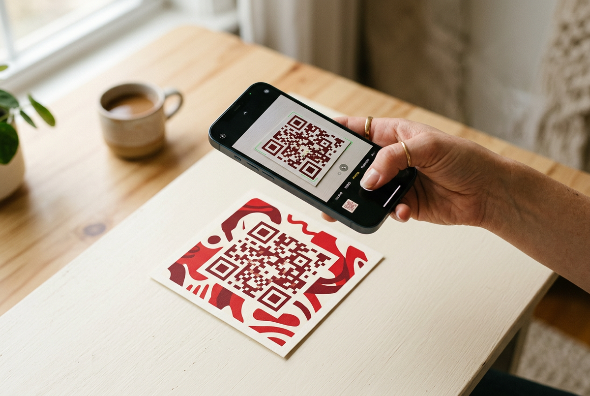 Smartphone scanning the QR code on a printed postcard