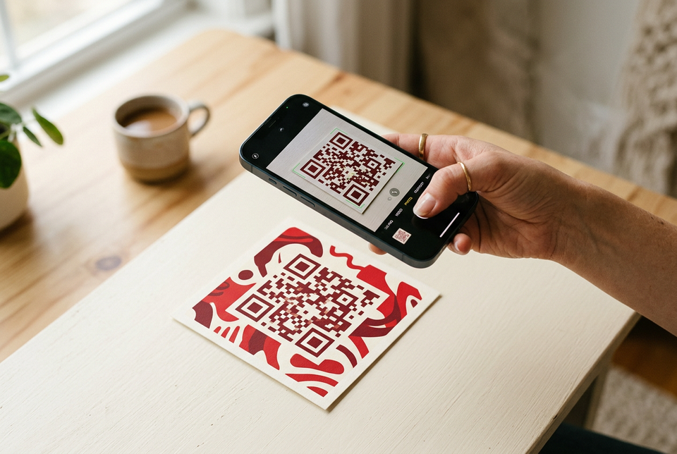 Smartphone scanning the QR code on a printed postcard