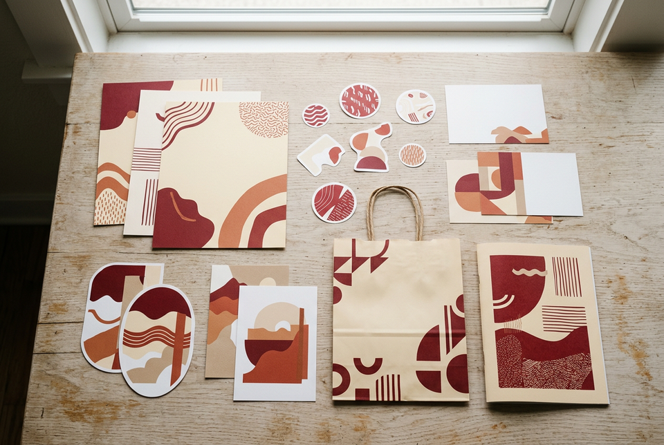 Printed flyers, postcards, stickers and a paper bag