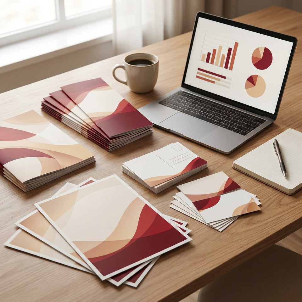 Printed brochures, flyers and business cards beside a laptop with marketing charts