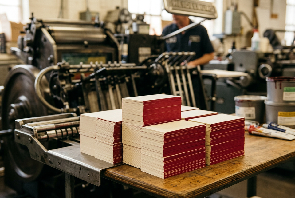 Stacks of business cards beside an offset press