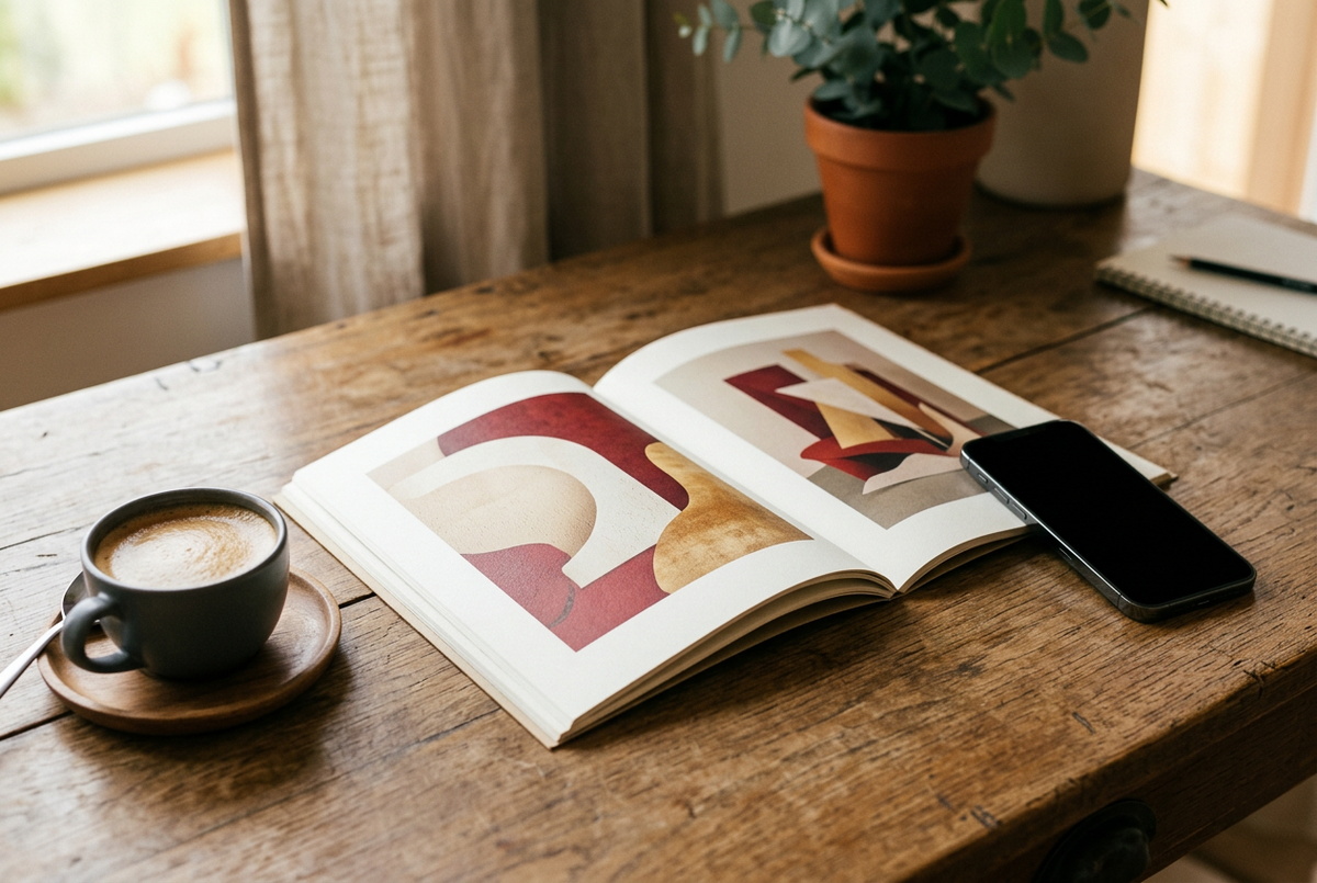Printed catalog open on a desk beside a smartphone