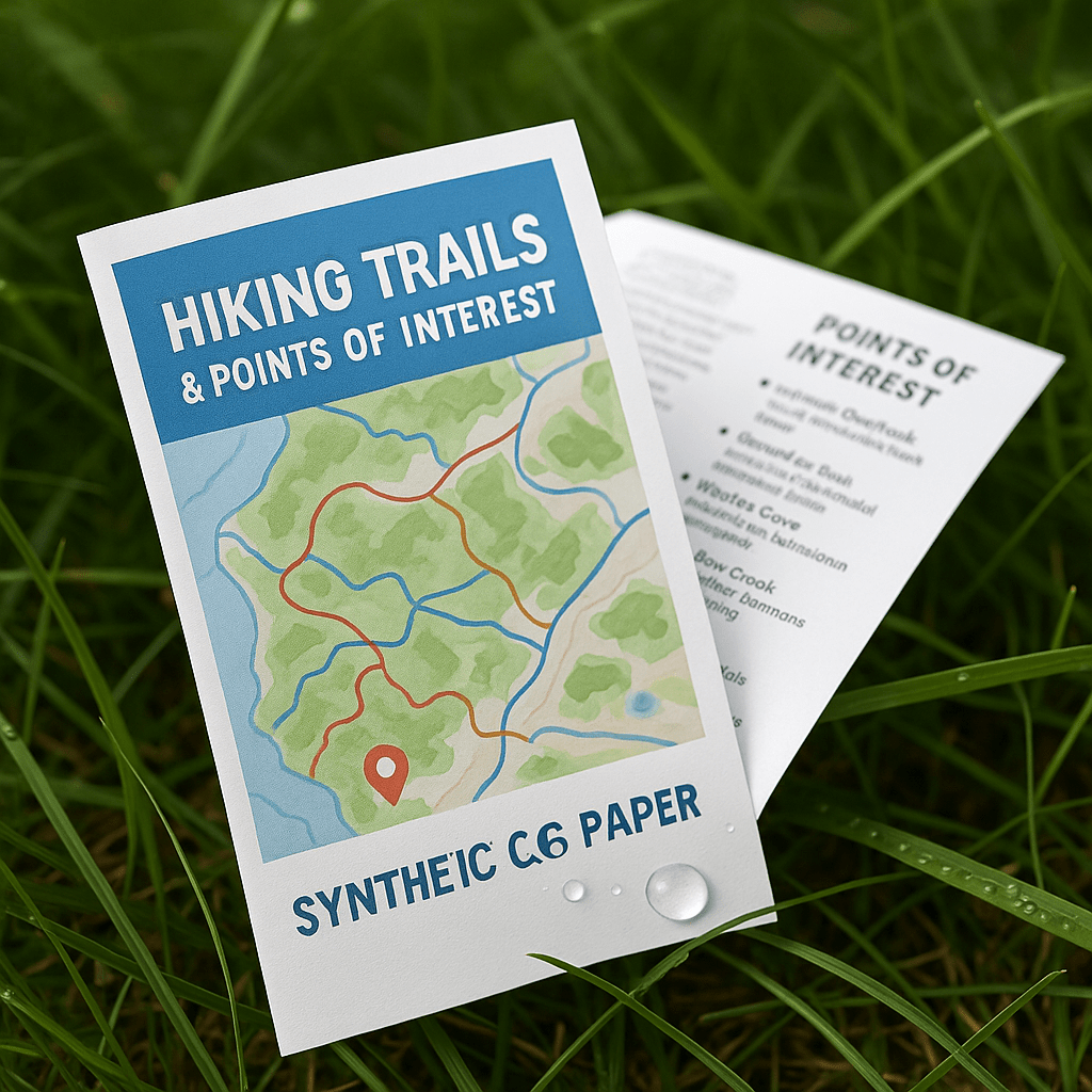 Folded hiking map printed on Synthetic Laser Paper with water droplets on the surface, resting on grass, showcasing waterproof durability, foldability, and fine print clarity.