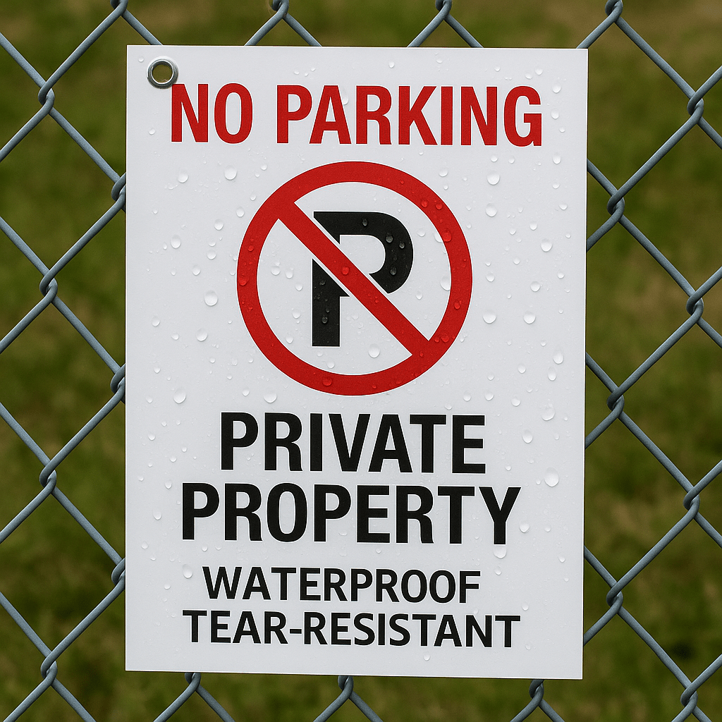 Outdoor ‘No Parking’ sign printed on Synthetic Laser Paper, attached to a chain-link fence with raindrops on the surface, highlighting weatherproof and tear-resistant qualities.