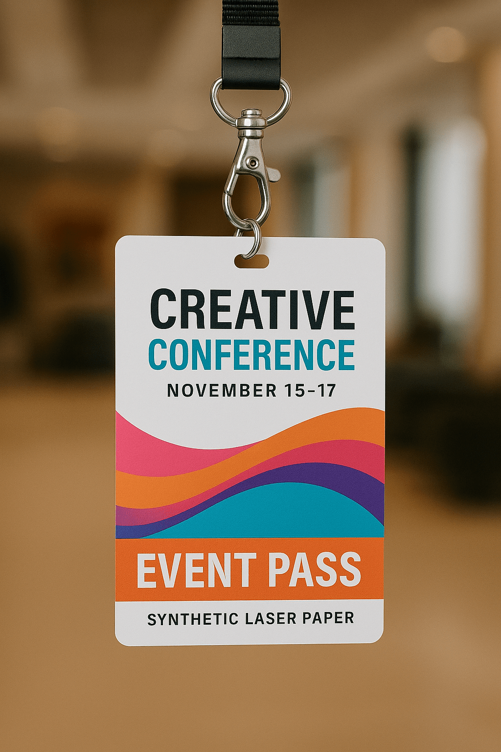 Colorful event pass for a creative conference printed on Synthetic Laser Paper, hanging from a lanyard in a blurred indoor setting, showing vibrant color reproduction and durable finish.