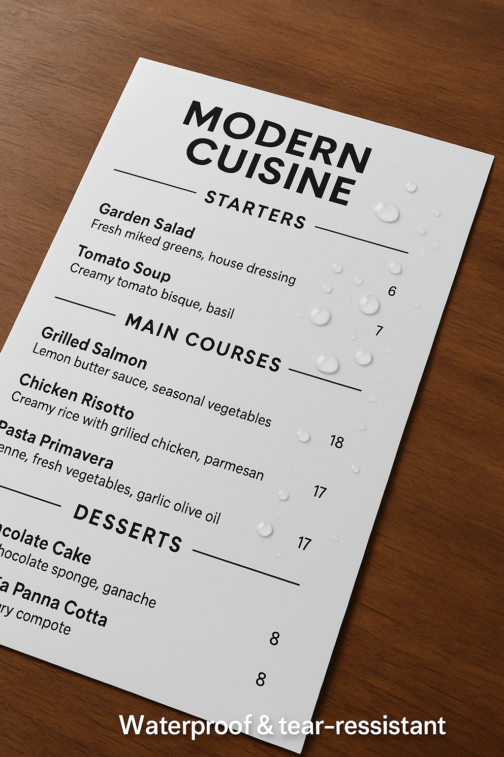 Waterproof restaurant menu printed on Synthetic Laser Paper with visible water droplets, showing tear-resistant durability and sharp black text on a white matte surface.