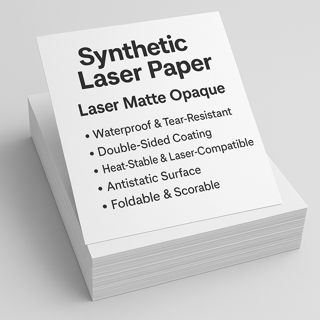 Stack of Synthetic Laser Paper sheets with a front card listing features like waterproof, tear-resistant, double-sided coating, and laser compatibility, on a clean light background.