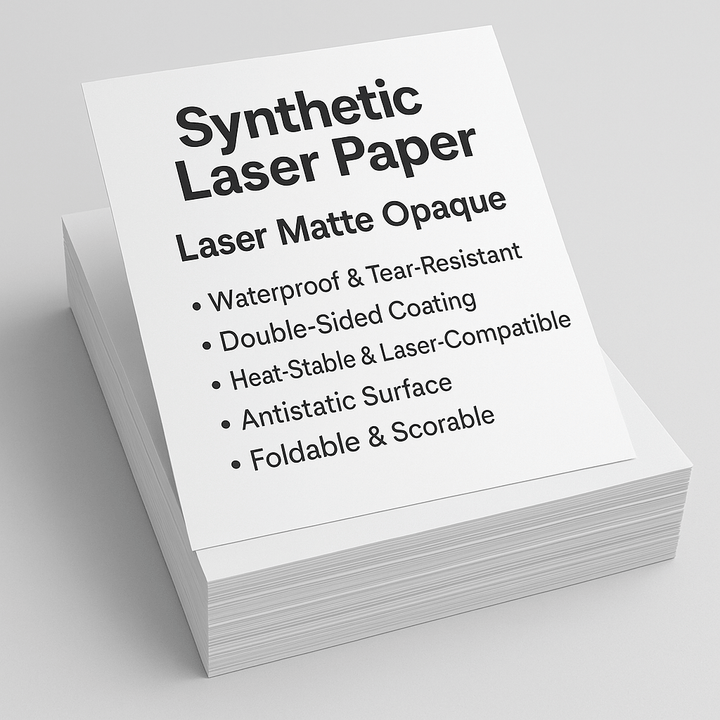 Stack of Synthetic Laser Paper sheets with a front card listing features like waterproof, tear-resistant, double-sided coating, and laser compatibility, on a clean light background.