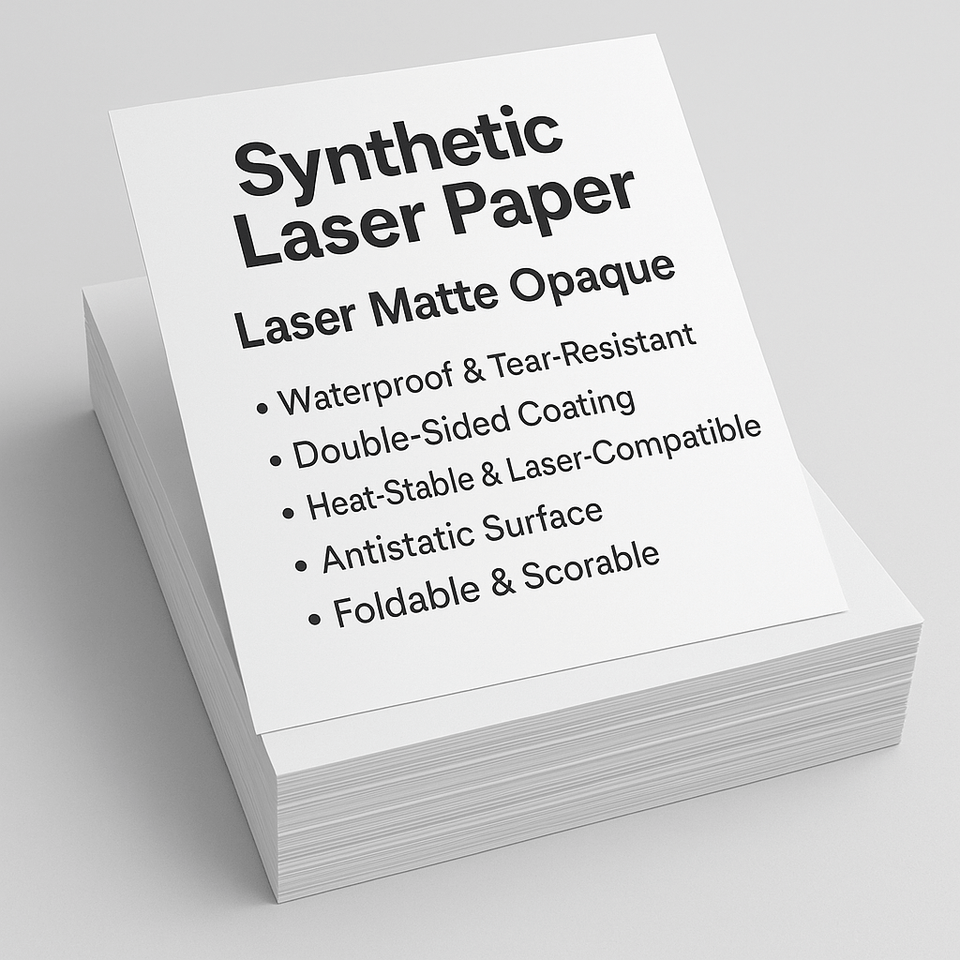Stack of Synthetic Laser Paper sheets with a front card listing features like waterproof, tear-resistant, double-sided coating, and laser compatibility, on a clean light background.