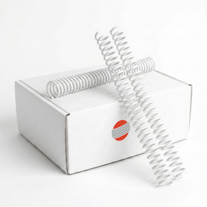 Box of 100 white plastic binding coils, 4:1 pitch, 12-inch